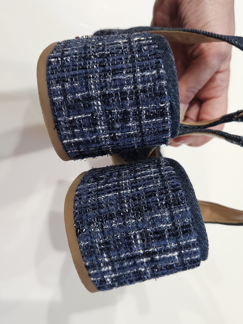 Navy Tweed Slingback Block Heel Pumps - Picture 6 of 10